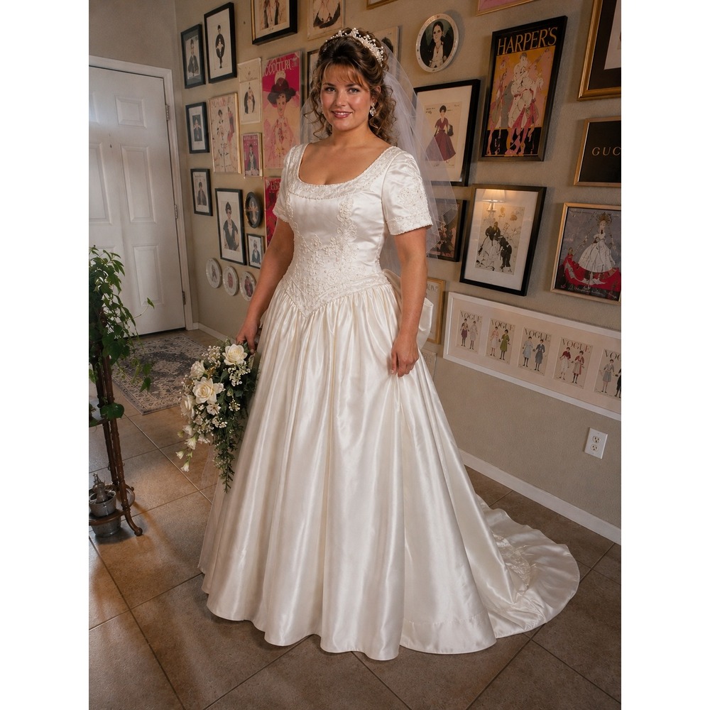 Vintage Ivory Satin Lace Beaded Wedding Dress Basque Waist Bow Train Short Sl..
